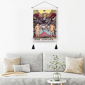 Tarot Pattern Polycotton Wall Hanging Tapestry, Vertical Tapestry, with Wood Rod & Iron Traceless Nail & Cord, for Home Decoration, Rectangle, Colorful, 500x350mm