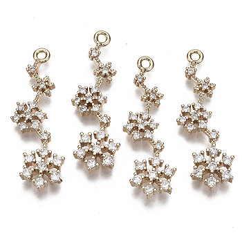 Brass Micro Pave Cubic Zirconia Pendants for Christmas, Long-Lasting Plated, Snowflake, Light Gold, Clear, 34x10.5x3mm, Hole: 1.6mm