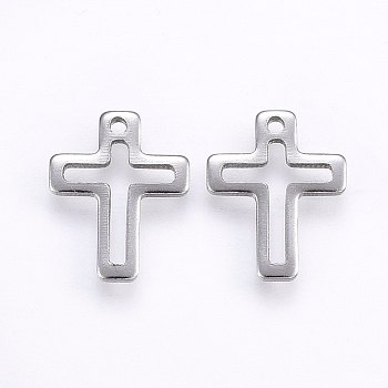 304 Stainless Steel Charms, Cross, Stainless Steel Color, 15x12x1mm, Hole: 1.2mm