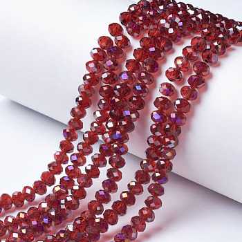 Electroplate Transparent Glass Beads Strands, Half Rainbow Plated, Faceted, Rondelle, FireBrick, 6x5mm, Hole: 1mm, about 85~88pcs/strand, 16.1~16.5 inch(41~42cm)