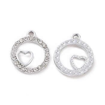 Alloy Rhinestone Pendants, Platinum Tone Flat Round with Heart Charms, Crystal, 17.5x14.5x2mm, Hole: 1.6mm