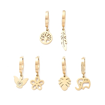 3 Pair 3 Style Leaf & Flower & Butterfly & Tree & Elephant Asymmetrical Earrings, Ion Plating(IP) 304 Stainless Steel Dangle Hoop Earrings for Women, Golden, 24~31mm, Pin: 1mm, 1 Pair/style