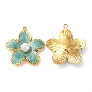 304 Stainless Steel Enamel Pendants, with ABS Imitation Pearl, Real 18K Gold Plated, Flower Charm, Dark Sea Green, 22x20.5x6mm, Hole: 1.4mm(STAS-K256-11G-01)