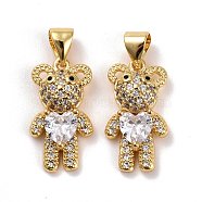 Brass Micro Pave Cubic Zirconia Pendants, Real 18K Gold Plated, Lead Free & Cadmium Free, Bear with Heart, Clear, 17.5x10x4.5mm, Hole: 4.5x3.5mm(KK-K258-13G-RS)
