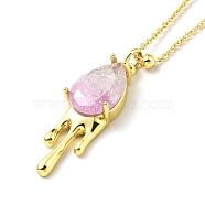 Synthetic Crystal Teardrop Pendant Necklace, Gold Plated Brass Jewelry for Women, Pearl Pink, 17.32 inch(44cm)(NJEW-G016-03C)