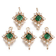 Brass Micro Pave Cubic Zirconia Links Connectors, with Glass, Long-Lasting Plated, Rhombus, Light Gold, Sea Green, 17x11x4mm, Hole: 1.2mm(KK-R111-014-A01)