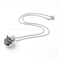 304 Stainless Steel Kitten Chain Necklaces, with Brass Pendants and Natural Lava Rock Round Beads, Cat Head, Stainless Steel Color, 21.6 inch(50.5cm)(NJEW-JN02012-01)