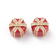 Real 18K Gold Plated Brass European Beads, Large Hole Beads, with Enamel and Micro Pave Cubic Zirconia, Long-Lasting Plated, Gifts Shape, for Christmas, Red, 11x9.4mm, Hole: 4.2mm(X-OPDL-L018-E01)