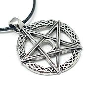 Alloy Pendant Necklaces, Wicca Jewelry, with Waxed Cord and Iron End Chains, Star and Moon, Antique Silver, 17.3 inch(44cm)(NJEW-S381-008)