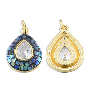 Brass Pave Clear Cubic Zirconia Pendants, with Jump Rings and Shell, Enamel, Real 18K Gold Plated, Nickel Free, Teardrop, Black, 19x13.5x4.5mm, Jump Ring: 5x1mm, 3mm inner diameter(KK-N227-94F)