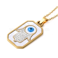 Hamsa Hand with Evil Eye Natural Shell Enamel Pendant Necklaces, with 304 Stainless Steel Cable Chains, Golden, 16.02 inch(40.7cm)(NJEW-E104-06G)