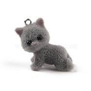 Flocking Resin Cute Kitten Pendants, Cat Shape Charms with Platinum Plated Iron Loops, Gray, 28x27x28mm, Hole: 2mm(MACR-P043-K03)