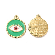 Vacuum Plating 201 Stainless Steel Enamel Pendants, Real 18K Gold Plated, Flat Round with Evil Eye Charm, Medium Sea Green, 23.5x20x2.5mm, Hole: 1.2mm(STAS-J401-VC840)