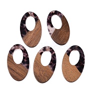 Transparent Resin and Walnut Wood Pendants, Hollow Oval Charms with Gold Foil, Coconut Brown, 49.5x28x4mm, Hole: 2mm, (RESI-T057-02B)