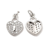 Brass Micro Pave Clear Cubic Zirconia Pendants, with Jump Ring, Heart Lock Charm, Platinum, 16x11x2.5mm, Hole: 3.5mm(KK-E068-VB164)