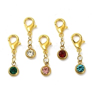 201 Stainless Steel Rhinestone Pendant Decorations, with Zinc Alloy Lobster Claw Clasps, Flat Round, Mixed Color, 24mm(HJEW-JM01763)