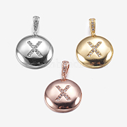 Brass Pendants, with Cubic Zirconia, Cadmium Free & Lead Free, Flat Round with Letter, Mixed Color, Letter.X, 22mm, Hole: 2x3mm, Pendant: 15x3mm(KK-K194-X-RS)