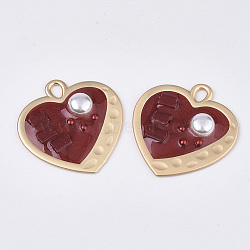 Epoxy Resin Pendants, with ABS Plastic Imitation Pearl and Glass, Alloy Findings and Enamel, Heart, Matte Gold Color, Red, 35x33.5x5.5mm, Hole: 3x4.5mm(X-RESI-S365-69D)