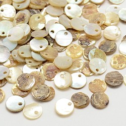 Flat Round Natural Akoya Shell Pendants, Mother of Pearl Shell Pendants, Tan, 6x1mm, Hole: 1mm; about 1440pcs/bag(SHEL-N031-20-6mm)