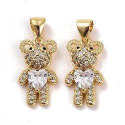 Brass Micro Pave Cubic Zirconia Pendants, Real 18K Gold Plated, Lead Free & Cadmium Free, Bear with Heart, Clear, 17.5x10x4.5mm, Hole: 4.5x3.5mm(KK-K258-13G-RS)