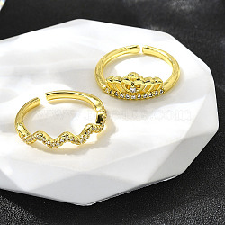 2Pcs 2 Styles Brass Micro Pave Clear Cubic Zirconia Cuff Rings for Women, Real 18K Gold Plated, 3.5mm and 7.5mm, Inner Diameter: 17.5mm(RJEW-S399-01G)