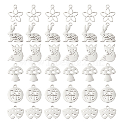 36Pcs 6 Style 201 Stainless Steel Charms, Drama Mask & Flat Round & Fox & Easter Bunny & Mushroom & Flower, Stainless Steel Color, 10~16~11~12x1~1.1mm, Hole: 1.5mm, 6pcs/style(STAS-DC0006-30)