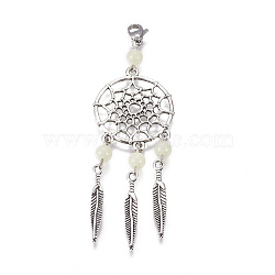 Alloy Pendants, with 304 Stainless Steel Lobster Claw Clasps, Iron Finding, Luminous Acrylic Round Beads, Woven Net/Web with Feather, Antique Silver, 92mm(HJEW-JM00351)