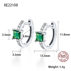 Anti-Tarnish Platinum Rhodium Plated 925 Sterling Silver Hoop Earrings, Square Cubic Zirconia Earrings, with S925 Stamp, Green, 11.8x13.5mm(ZC1005-3)