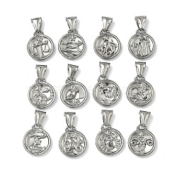 12Pcs 304 Stainless Steel Pendants, Flat Round with Constellations Charm, Platinum, 20.5x17x3.5~5mm, Hole: 3x9mm(STAS-L022-306P-M)