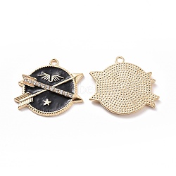 Alloy Enamel Pendants, with Rhinestone, Flat Round with Arrow Charm, Light Gold, 25.5x30x2.5mm, Hole: 1.8mm(ENAM-G213-06LG-02)