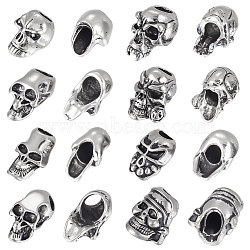 16Pcs 8 Style Outdoor EDC Tool Alloy Parachute Rope European Beads, Large Hole Beads, Skull, Antique Silver, 14.5~19x10~16x8.5~14.5mm, Hole: 4.5~6mm, 2pcs/style(FIND-UN0002-06)
