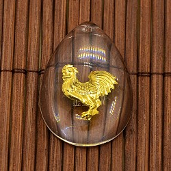 Real 18K Gold Plated Brass Inlaid Transparent Glass Pendants, Twelve Chinese Zodiac Signs Design teardrop, Pendants for Necklace Making, Clear, Rooster, 31x21x8~9mm, Hole: 2mm(X-GLAA-N0004-03)