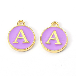 Golden Plated Alloy Enamel Charms, Enamelled Sequins, Flat Round with Letter, Medium Purple, Letter.A, 14x12x2mm, Hole: 1.5mm(ENAM-S118-10A)