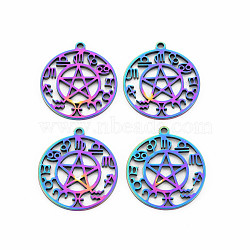 201 Stainless Steel Hollow Pendants, Flat Round with Star & 12 Constellations, Rainbow Color, 28x25x1.5mm, Hole: 2mm(STAS-S119-151M)