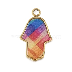 304 Stainless Steel Enamel Pendants, Hamsa Hand Charm, Golden, 17.5x10.5x2mm, Hole: 1.6mm(STAS-P377-11G-A)