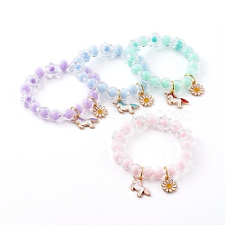 Transparent Acrylic Stretch Charm Bracelets for Kids, with Alloy Enamel Pendants, Unicorn & Daisy, Golden, Mixed Color, Inner Diameter: 1-3/4 inch(4.6cm)(BJEW-JB06167)