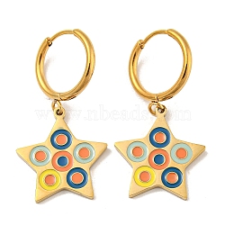 304 Stainless Steel Hoop Earrings, Star 316 Surgical Stainless Steel Enamel Drop Earrings, Golden, 31x16mm(EJEW-G380-07G)