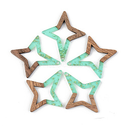 Transparent Resin & Walnut Wood Pendants, with Gold Foil, Star, Pale Turquoise, 38x33x3mm, Hole: 2mm(RESI-S389-020A-B02)
