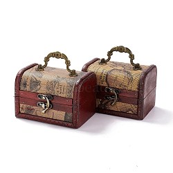 Vintage Wooden Jewelry Box, Pu Leather Decorative Treasure Chest Boxes, with Carry Handle and Latch, Rectangle with Map Pattern, Coral, 11.9x9.05x9cm(AJEW-M034-01D)
