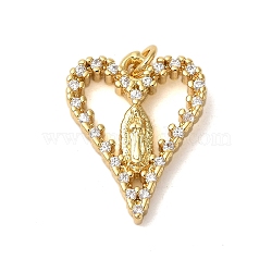 Rack Plating Brass Micro Pave Cubic Zirconia Perdants, with Jump Ring, Cadmium Free & Lead Free, Long-Lasting Plated, Heart with Virgin Mary, Real 18K Gold Plated, 19x15x2.5mm, Hole: 2.5mm(KK-C067-04G)