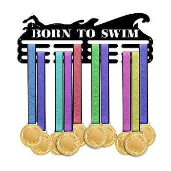 Fashion Iron Medal Hanger Holder Display Wall Rack, with Screws, Word Born To Swim, Sports Themed Pattern, 150x400mm