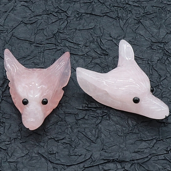 Natural Rose Quartz Carved Healing Wolf Head Figurines, Reiki Energy Stone Display Decorations, 48~50x33~35x14.5~16.5mm