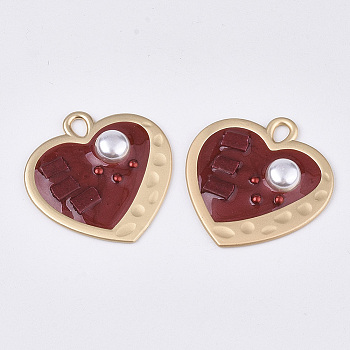 Epoxy Resin Pendants, with ABS Plastic Imitation Pearl and Glass, Alloy Findings and Enamel, Heart, Matte Gold Color, Red, 35x33.5x5.5mm, Hole: 3x4.5mm