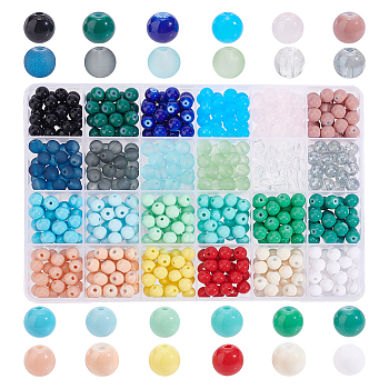PandaHall Elite DIY 552~600Pcs 24 Style Round Beads Jewelry Making Finding Kit, Including Acrylic & Glass Beads, Frosted & Transparent & Baking Painted & Imitation Jelly & Opaque, Mixed Color, 8~9x7~9mm, Hole: 1.3~2mm, about 23~25Pcs/style