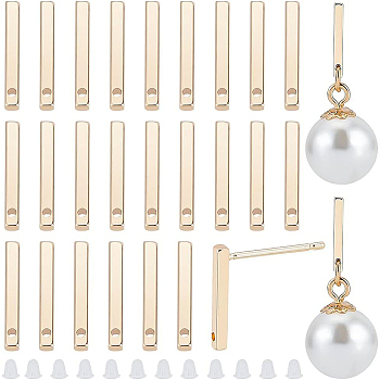 30Pcs Brass Stud Earring Findings, with Holes and 80Pcs Plastic Ear Nuts, Rectangle, Real 18K Gold Plated, 4x4mm, Hole: 0.8mm, Pin: 0.8mm