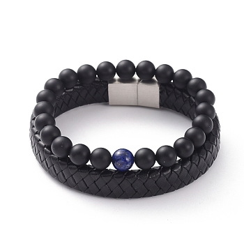 Unisex Stretch Bracelets & Leather Cord Bracelets Sets, Stackable Bracelets, Natural Lapis Lazuli(Dyed) & Agate Beads, 304 Stainless Steel Magnetic Clasps and Cardboard Box, 2-1/8 inch(5.5cm), 8-1/4 inch(21cm), 2pcs/set