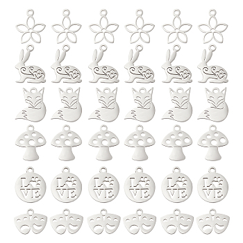 DICOSMETIC 36Pcs 6 Style 201 Stainless Steel Charms, Drama Mask & Flat Round & Fox & Easter Bunny & Mushroom & Flower, Stainless Steel Color, 10~16~11~12x1~1.1mm, Hole: 1.5mm, 6pcs/style