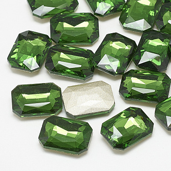 Pointed Back Glass Rhinestone Cabochons, Faceted, Rectangle Octagon, Emerald, 18x13x5mm