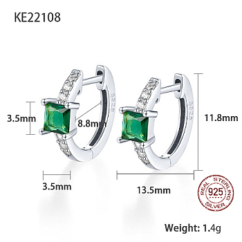 Platinum Rhodium Plated 925 Sterling Silver Hoop Earrings, Square Cubic Zirconia Earrings, with S925 Stamp, Green, 11.8x13.5mm