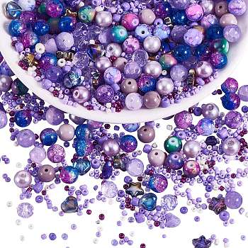 2 Bag Glass Round Beads Set, Colorful & Cracked Faceted Round, with Glass Seed Beads, for DIY Bracelet Jewelry Making, Purple, 1~10mm, 40g/bag